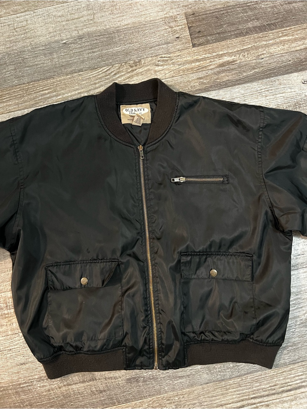 Vintage Old Navy Black Women's Bomber Jacket with Front Zip and Pocket Details